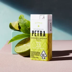 Buy Petra Citrus CBD mints tin with yellow label and citrus slices